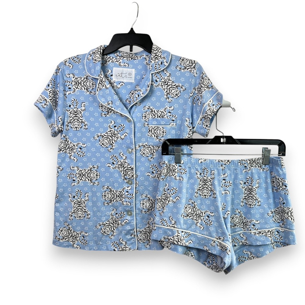 The Cat's Pajamas S Pajama Set Short Sleeve Shorts White Tiger Blue Pima Cotton